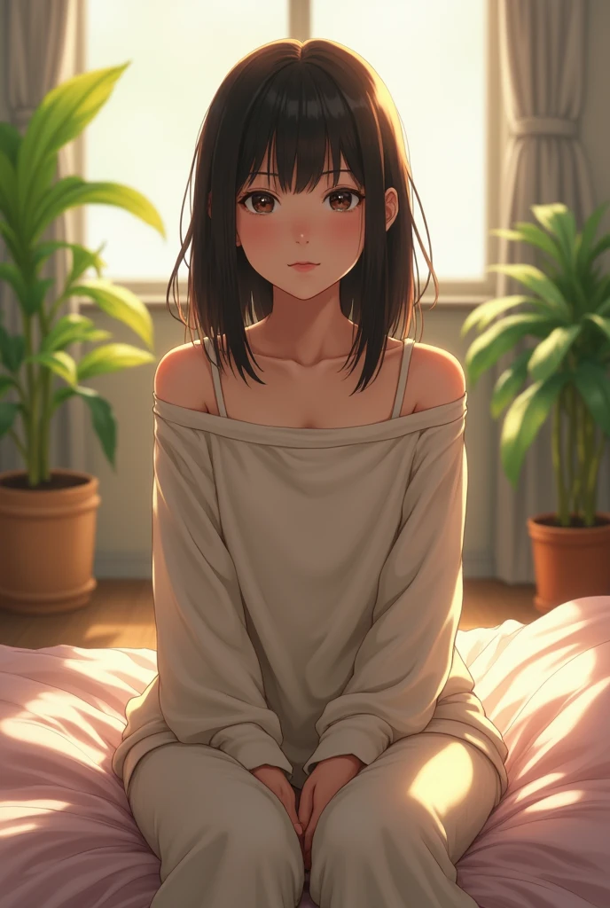 (photorealism:1.2), beautiful japanese girl schoolgirl, 13-years-old, sitting on bed, wearing loose off-shoulder top, pajama pants, shoulder length hair, indoors, soft lighting, plants in background, window with sunlight, cozy room, relaxed pose, realistic, intricate details, warm colors,