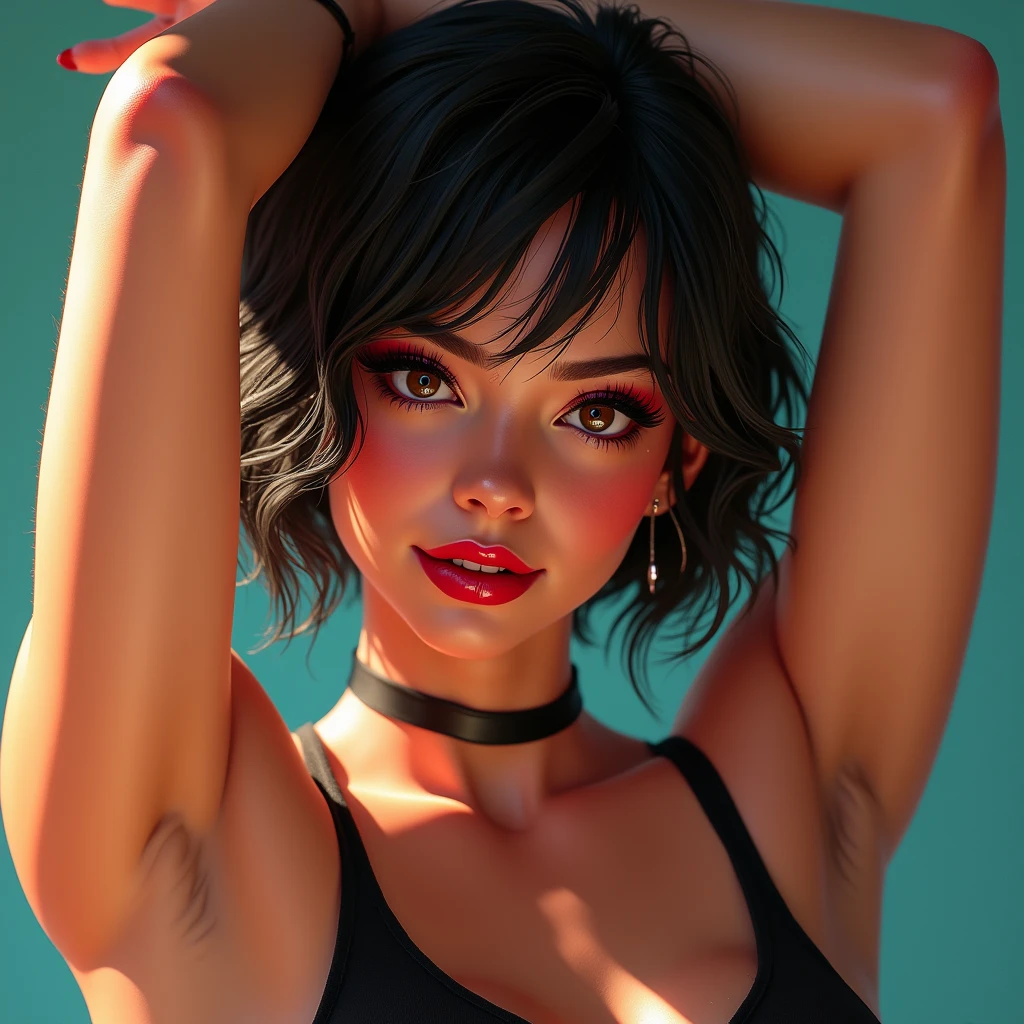 vivid colors, portraits,1girl, (mature)  (Short hair: 2.0), beautiful detailed eyes, beautiful detailed lips, extremely detailed eyes and face, long eyelashes, curvy body, big breasts, perfect shape, facing viewer, sweaty, gorgeous, ((arms up)), sleeveless bodysuit, smiling,