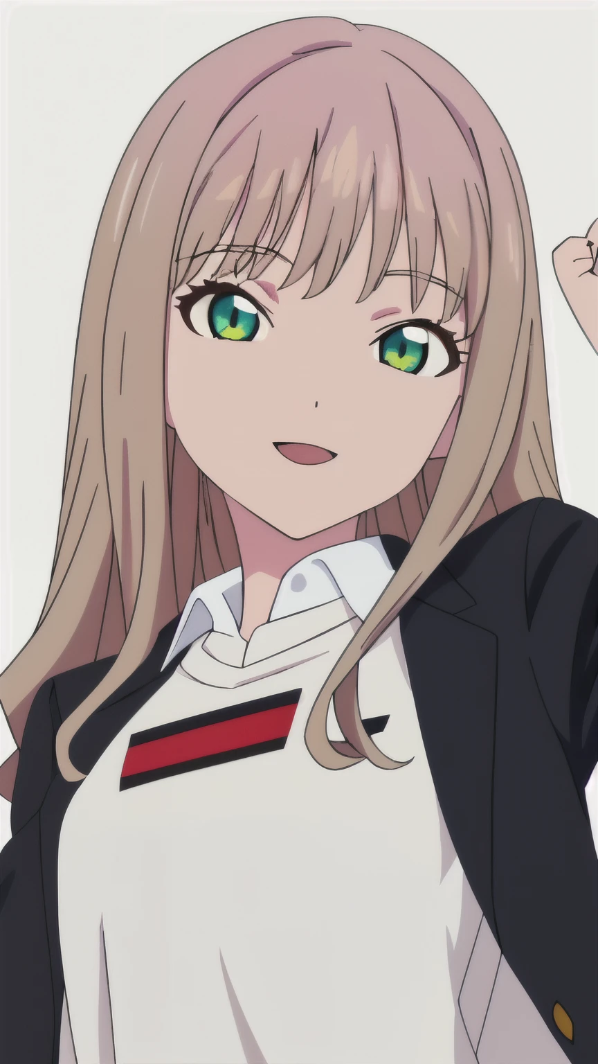 solo, 1girl, looking at viewer, 2D, anime, anime coloring, upper body, (solid white background:1.3), yume minami, white shirt, jacket, school uniform, looking at viewer, rubor, sonrisa