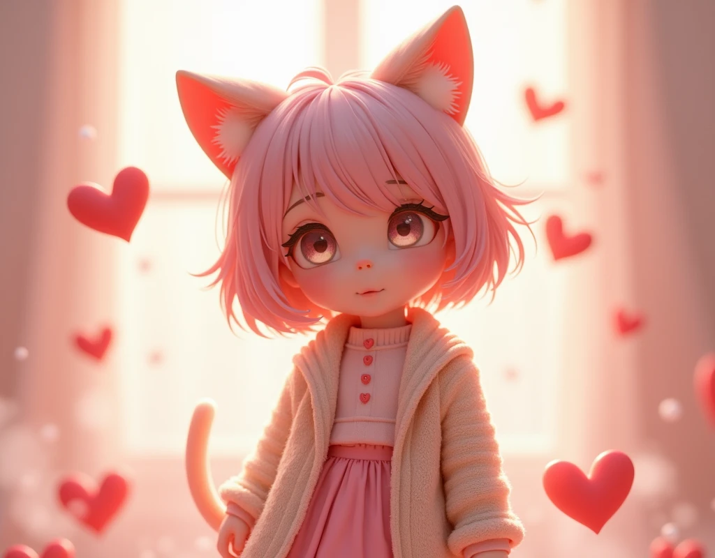 3d,short, Light pink hair、cardigan、Pink Skirt、Putting on a collar、Elementary school girl、Very beautiful and Shining Eyes、Shining Eyes、1 person、Cat ear、(((((Small body)))))、heart❤、((Sweat、vapor))