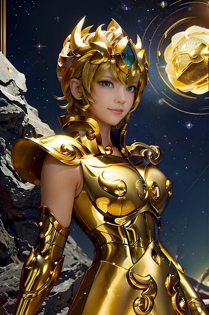 Highest quality, 8k, Super detailed, High resolution, Realistic skin texture, armor, (Realistically: 1.4), High resolution,Ultra HD、Ultra-clear、White and beautiful translucent skin、Beautiful and well-proportioned face、Cute smile、Saint Seiya of Libra、全身を黄金のarmorで覆う、黄金のarmorを纏った聖騎士、Golden Tiara、全身を派手な彫刻で覆う黄金のarmor、重厚感のある金色のarmor、Translucent beautiful green eyes、Blonde Short-Haired、Big Breasts、Outer space background、