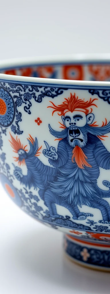 Jingdezhen ceramics, vibrant ornate ceramic bowl, detailed Monkey King design, blue and white porcelain, blue with white and red accents, intricate design, intricate details, pure white background, design craftsmanship