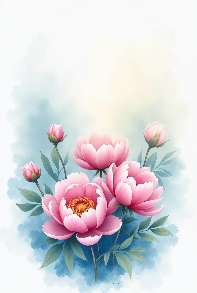 aquarel, pivoines, bleu