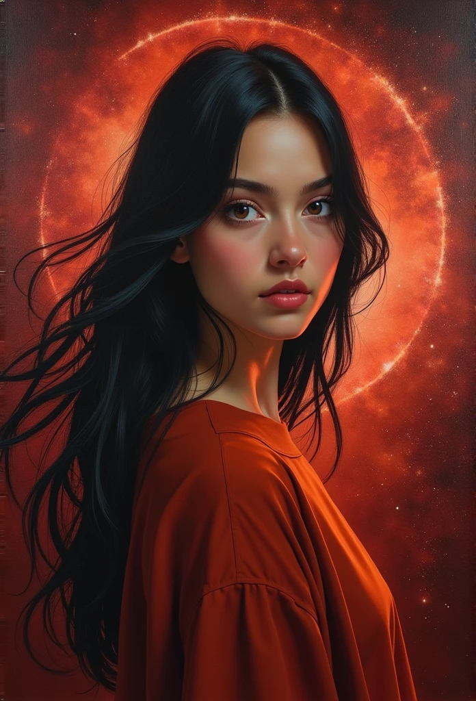 Thickly painted oil painting《A lady》, 20 years old、Cute little、contour , Staring at the camera,prayer、Fold、 The background is outer space,Red Galaxy、 ultrarealism oil painting. Masterpiece Artwork、hope、Confident and proud eyes、infp young woman、Black Hair、Line light.whole body