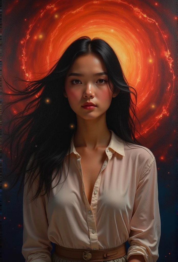 Thickly painted oil painting《A lady》, 20 years old、Cute little、contour , Staring at the camera,prayer、Fold、  The background is outer space,Red Galaxy、 ultrarealism oil painting. Masterpiece Artwork、hope、Confident and proud eyes、infp young woman、Black Hair、Line light.whole body