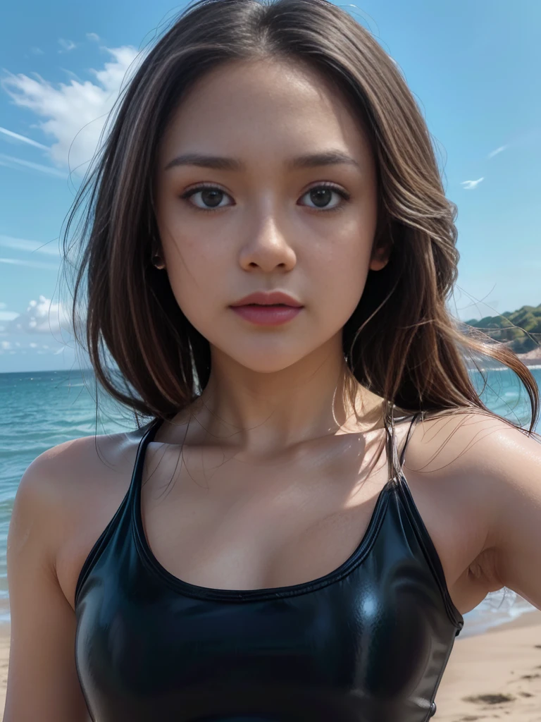 1girl, solo, (uniform), standing, at the beach,  beautifully ocean scenery, detailed face, cute angry face, detailed eyes, thick breasts, smooth realistic skin, black tight latex tanktop, black latex hot pants, looking at the audience, low angle shot,(8k, RAW photo, best quality, masterpiece: 1.2), (realistic, realistic: 1.37), ultra-high resolution