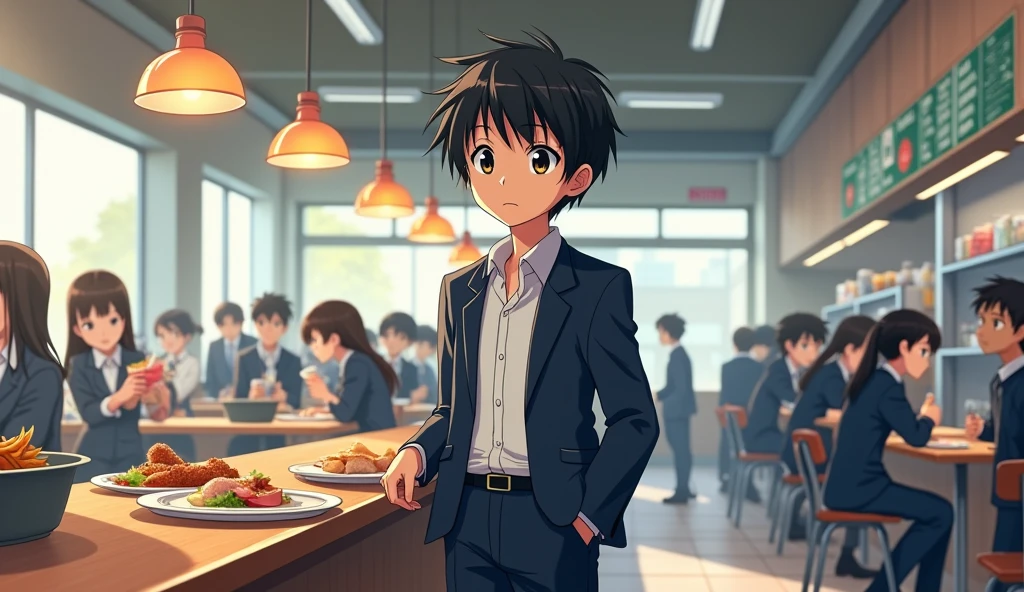 Prompt: "An anime-style scene inspired by 'Your Name,' set in a busy college canteen after a lecture. Peter, a young boy with messy black hair, is wearing a standard college uniform with a white shirt, navy blue blazer, and matching trousers. He stands at the canteen counter ordering food. The canteen is lively, filled with students, all dressed in the same uniform, sitting at tables, eating, and chatting. The background includes food stalls, a bustling atmosphere, and bright, natural lighting that captures the typical college environment. Peter's expression is calm but slightly tense, anticipating potential trouble as he waits for his order."