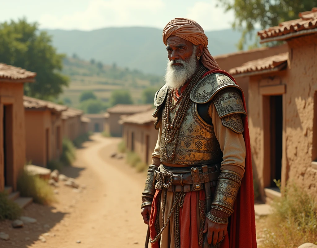 A rich old rajput warrior man lived in a village