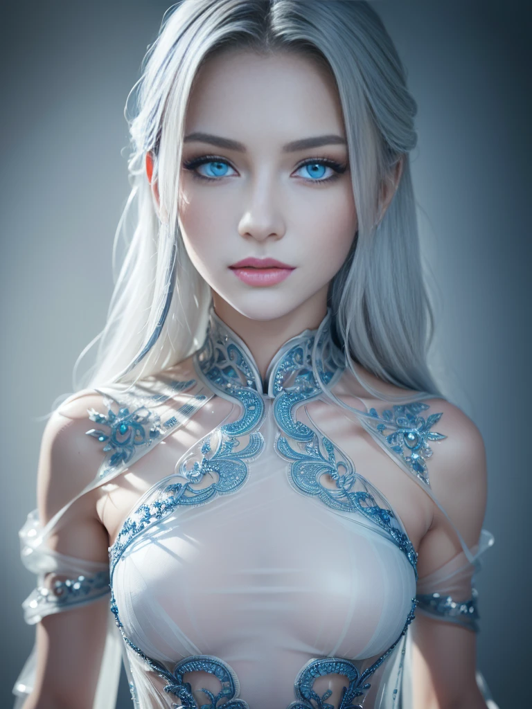 8k, (full body shot:1.5), 20-year-old swedish girl, raw, standing sideways to camera watching camera over her shoulder, Beautiful woman, (straight gray hair), (ice carving clothes:1.5, Masterpiece ice sculpture:1.5, intricate sheer transparent translucent clothes, barely clothed, intricate, beautifull face, elegant dress, highly detailed, shyness), intricate, beautifull face, elegant, highly detailed, digital hyperrealistic photography, hyperrealistic photography filigree, shyness, most beautyfull face, (masterpiece, sidelighting, (finely detailed beautifull blue eyes: 1.2)),