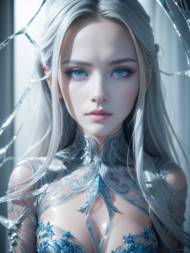 8k, (full body shot:1.5), 20-year-old swedish girl, raw, standing sideways to camera watching camera over her shoulder, Beautiful woman, (straight gray hair), (ice carving clothes:1.5, Masterpiece ice sculpture:1.5, intricate sheer transparent translucent clothes, barely clothed, intricate, beautifull face, elegant dress, highly detailed, shyness), intricate, beautifull face, elegant, highly detailed, digital hyperrealistic photography, hyperrealistic photography filigree, shyness, most beautyfull face, (masterpiece, sidelighting, (finely detailed beautifull blue eyes: 1.2)),