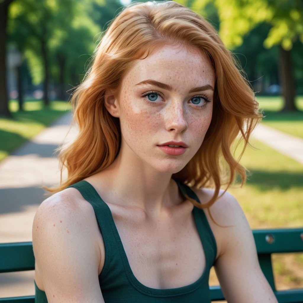 Stacey, A tall, young woman, 2, with long shoulders, athletic, lanky female, a strong build and long, freckles, strawberry blonde hair, freckles. Her skin is pale, toned arms, and a muscular midsection. long legs, She has small breasts, well defined chest, and soft thighs, giving her a delicate and graceful appearance. Her overall look is average in terms of attractiveness, with features that blend in rather than stand out, sitting on a park bench, asymmetrical, bodycon,skirt, Tank top , minimalist art, abstract, bold colors, 1girl, beautiful detailed eyes, beautiful detailed lips, extremely detailed face, long eyelashes, portrait, digital painting, oil painting, acrylic, vibrant colors, vivid colors, high contrast, dramatic lighting, cinematic lighting, dramatic shadows, minimalist background, geometric shapes, clean composition, surreal, dreamlike, impressionistic, hyperrealistic, photorealistic, 8k, highres, best quality, masterpiece, symmetrical