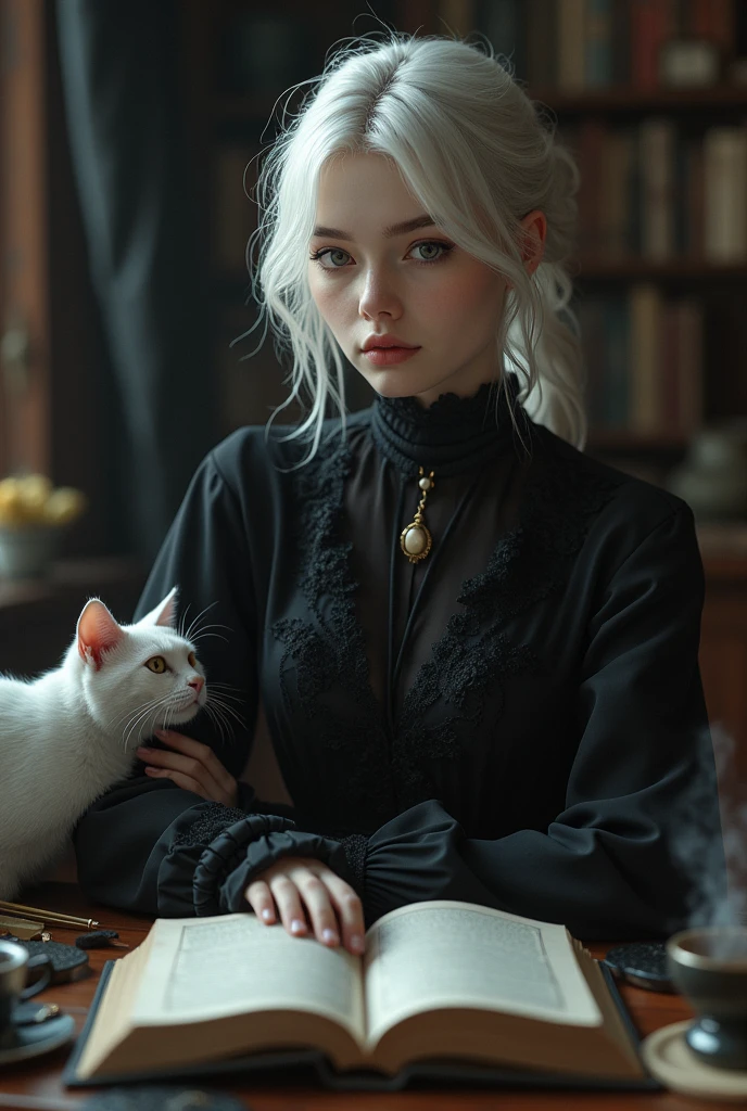 (photorealism:1.2), A 20-year-old white-haired young woman studying psychology who likes cats, tea and darkness, Dark clothes and romantic literature, Gothic and poetry, I have a great taste for literature. I am very decisive and mostly objective with a strong inclination towards equality as well as maintaining agreements and having a very solid word.. I enjoy the tranquility, sincerity, peace and stability, I like direct communication without hesitation or lies., I love word games