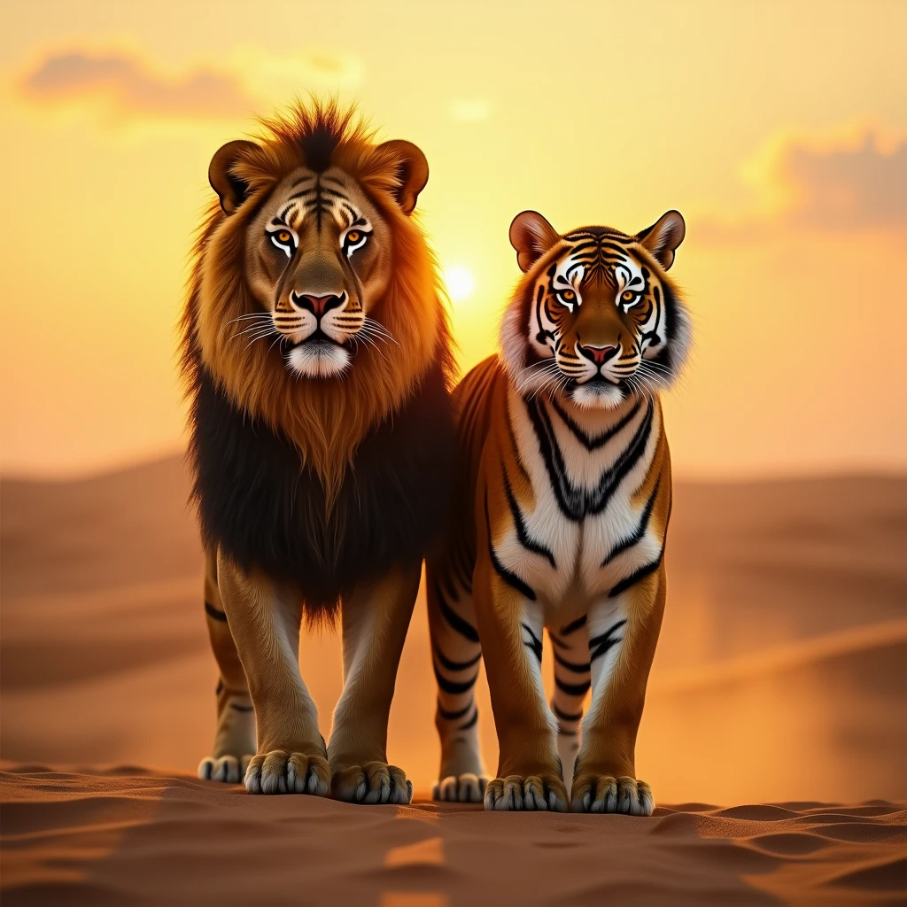 Realistic lion and tiger), majestic animals, fierce expressions, united in harmony, an empty desert landscape, golden sand dunes, sun setting on horizon, warm hues of orange and yellow, soft shadows, serene atmosphere, ultra-detailed fur textures, captivating eyes, high quality, vivid imagery, cinematic clarity, highlighting the beauty of nature.