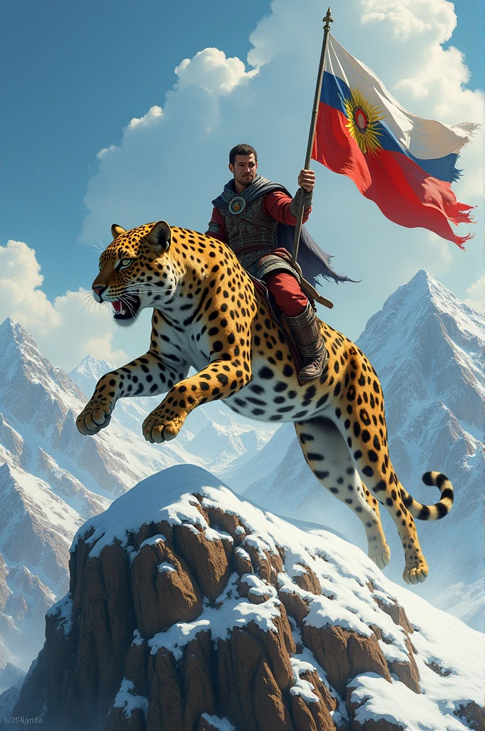 A leopard jumps over mountains and a man sits on it and behind the man, Ossetian flags, warrior.