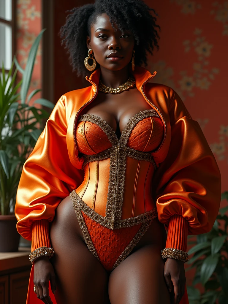 Nike: DynastySeries: sweater couture, corset and cooker with matching color, zero degree flat stomach, large butt, thin waist, dark skin, a cup chest, Definition: (highres, sharp focus, 8k uhd, ultra photo-realistic resolution), Film: (80 mm, shot on portra 120, shot on Fujifilm)