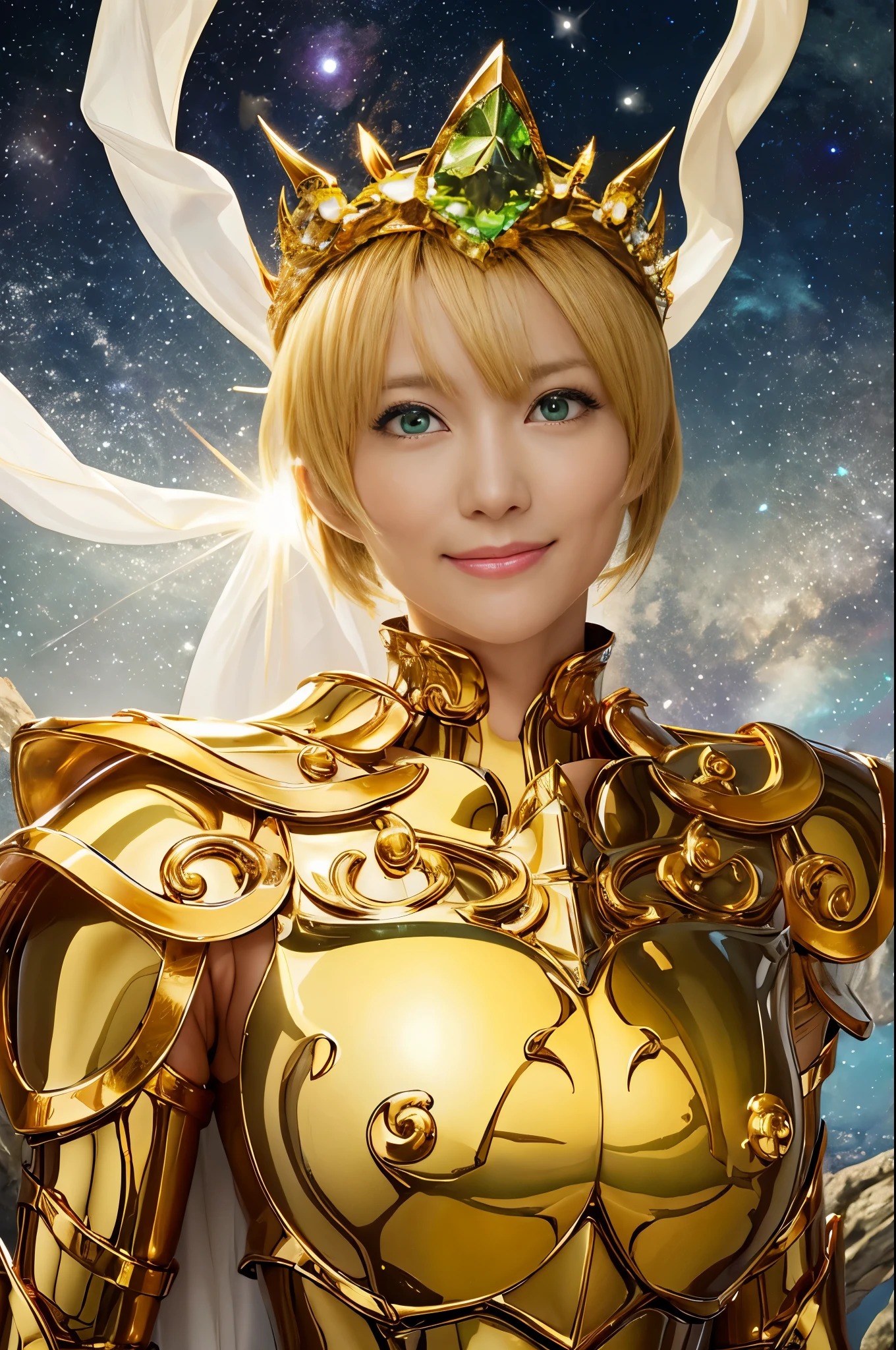Highest quality, 8k, Super detailed, High resolution, Realistic skin texture, armor, (Realistically: 1.4), High resolution,Ultra HD、Ultra-clear、White and beautiful translucent skin、Beautiful and well-proportioned face、Cute smile、Saint Seiya of Libra、全身を黄金のarmorで覆う、黄金のarmorを纏った聖騎士、Golden Tiara、全身を派手な彫刻で覆う黄金のarmor、重厚感のある金色のarmor、Translucent beautiful green eyes、Blonde Short-Haired、Big Breasts、Outer space background、