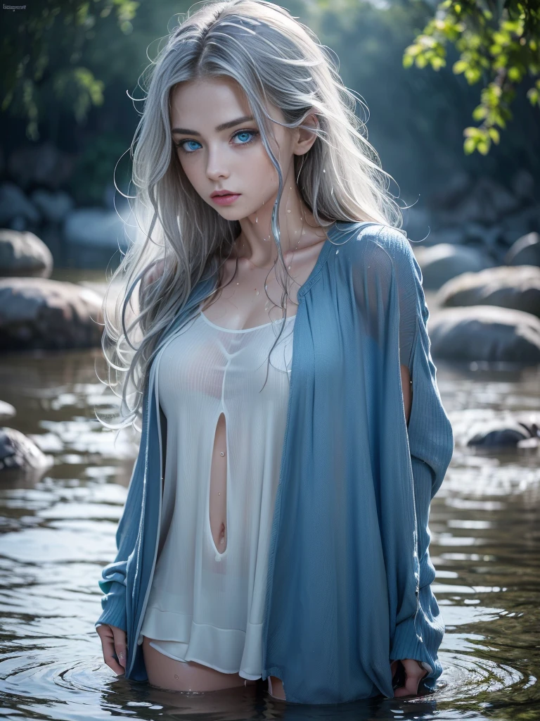 (1girl), (skin pale), (grey hair), blue eyes, (Russian face), detailed hair, detailed skin, detailed eyes, detailed face, beautiful, gorgeous, lips, messy hair, medium hair, lake, mountains, grasslands, clouds, sun, raindrop, forest, flowers, city background, whinter, (leaves), muscular female, big smile, rain, fog, freckles, wind, air, high detail, looking at viewer, ((transparent translucent clear to the through pink latex Slip)), (((translucent transparent clear to see through long latex sleeve))), ((red latex legwear)), black jersey , ((transparent translucent clear to the through blue sweater)) , socks, thighhighs, high heels, boots, standing