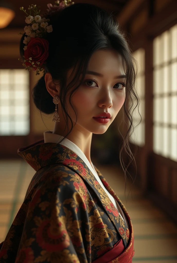 Beautiful and seductive Japanese woman in a brothel, detailed facial features, elegant traditional kimonos, traditional Japanese house, tatami mats, shoji screens, sliding doors, dramatic lighting, cinematic composition, muted color palette, dramatic chiaroscuro, gothic atmosphere, (Best Quality, High Resolution, Masterpiece: 1.2), Ultra-detailed, (Realistic, Photo-realistic: 1.37), nihongami, jeweled branch of hourai, earrings, Photorealistic, cowboy shot, anatomically correct, award winning, 16k, 8k