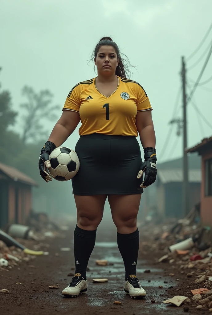 chubby soccer goalkeeper woman, [in sports suit, team shirt with number "1", shorts, socks and football boots.], (tra le mani con i guanti da portiere una palla da calcio), (masterpiece, best quality, best shadows, best shading, perfect hands, perfect face, cinematic lighting, colorful, ultra-detailed, beautiful photography, character focus, extremely-detailed, photorealistic, hyper photorealism, atmospheric), (rural destruction:1.7), (dirty, filthy, unwashed, sweaty, unkempt, angry, tired, exhausted, annoyed), ((walking, mid stride:1.2, stepping down on:1.2, stomping, crush, rampage)), (black patent Louboutin pointed toe pumps, high heels, stiletto heels), ((revealing crisp white blouse, short black pencil skirt)), (high altitude photography, satellite view), (curvy, exposed cleavage, heaving bosom, legs), (urban sprawl, farmland and small towns, destruction, buildings, roads), (((cloudy, overcast, clouds and atmosphere partly obscuring the subject:1.2, hazy atmosphere, haze in foreground, wispy clouds)))