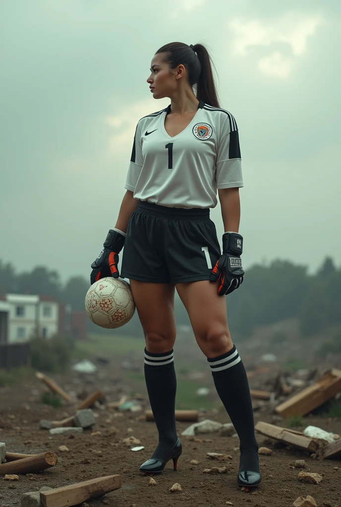 chubby soccer goalkeeper woman, [in sports suit, team shirt with number "1", shorts, socks and football boots.], (tra le mani con i guanti da portiere una palla da calcio), (masterpiece, best quality, best shadows, best shading, perfect hands, perfect face, cinematic lighting, colorful, ultra-detailed, beautiful photography, character focus, extremely-detailed, photorealistic, hyper photorealism, atmospheric), (rural destruction:1.7), (dirty, filthy, unwashed, sweaty, unkempt, angry, tired, exhausted, annoyed), ((walking, mid stride:1.2, stepping down on:1.2, stomping, crush, rampage)), (black patent Louboutin pointed toe pumps, high heels, stiletto heels), ((revealing crisp white blouse, short black pencil skirt)), (high altitude photography, satellite view), (curvy, exposed cleavage, heaving bosom, legs), (urban sprawl, farmland and small towns, destruction, buildings, roads), (((cloudy, overcast, clouds and atmosphere partly obscuring the subject:1.2, hazy atmosphere, haze in foreground, wispy clouds)))