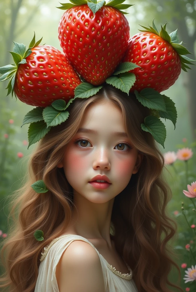 long haired beautiful girl with big strawberry on her head