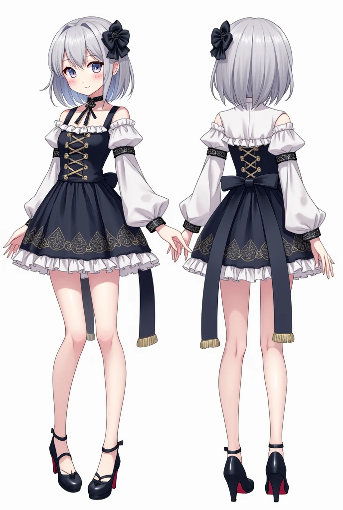 ((Masterpiece)), (highest quality))), (Character design sheet, national costume, same character, front, side, back), illustration, 1 girl, full body, silver hair, eye hair, beautiful eyes, princess cut, environmental change scene, short skirt, shyness, woman, girl, standing, goth , V-tuber, chartaan betarola, (simple background, white background: 1.3) ( Masterpiece:1.2), (Best Quality:1.3)