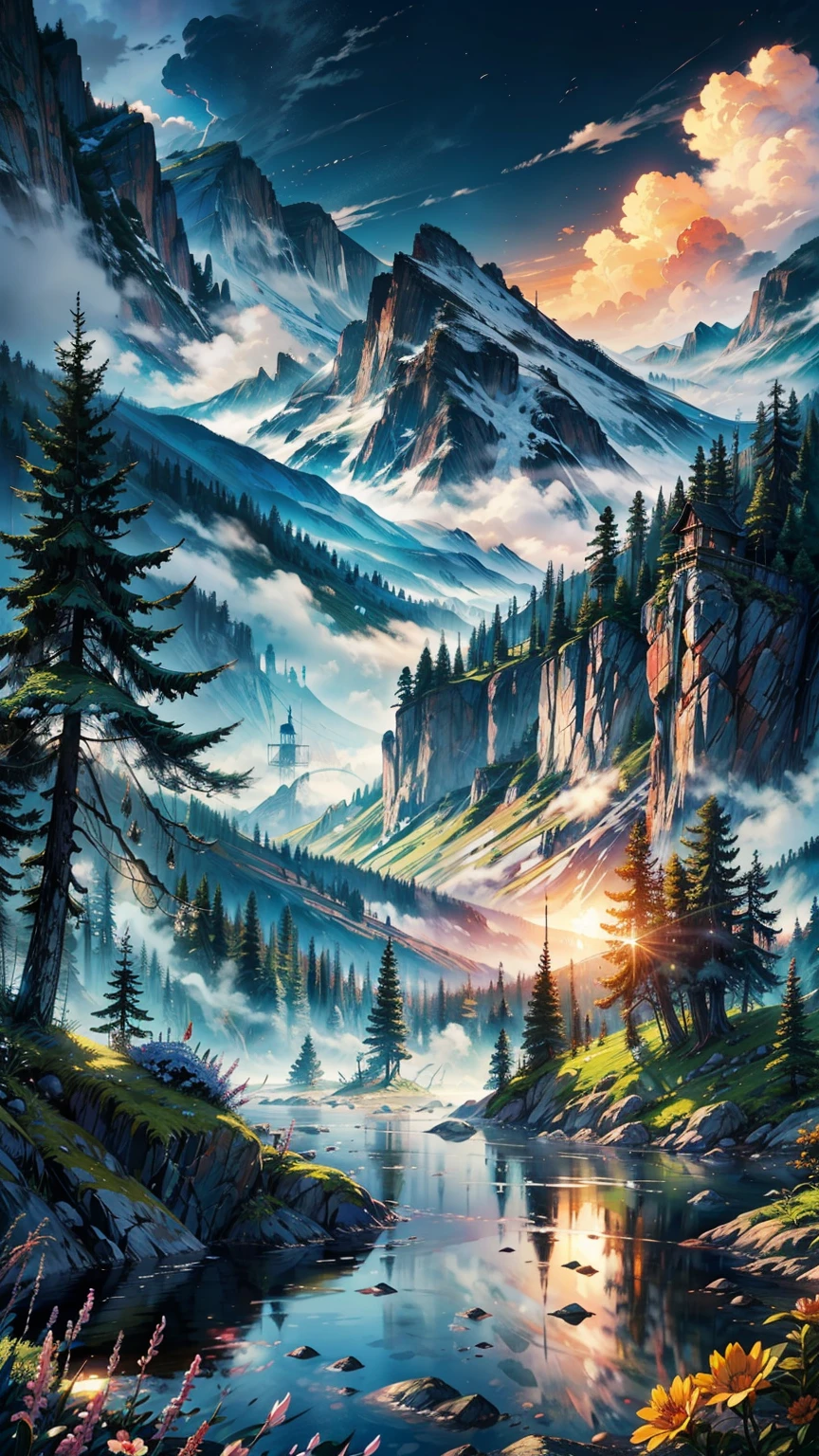 a warm scenary, gorgeous, dark, life, nature, flowers, water, gorgeous tree,mountain, valleis, fog, spectral,magic, happy,relaxing, lofi, sunset, cozy, superior, artistic, clouds, dynamic, rich composition, intricate, detailed, ,landscape, digital art, love, colorful, heaven clouds,beautiful sky,, accommodate, 8k