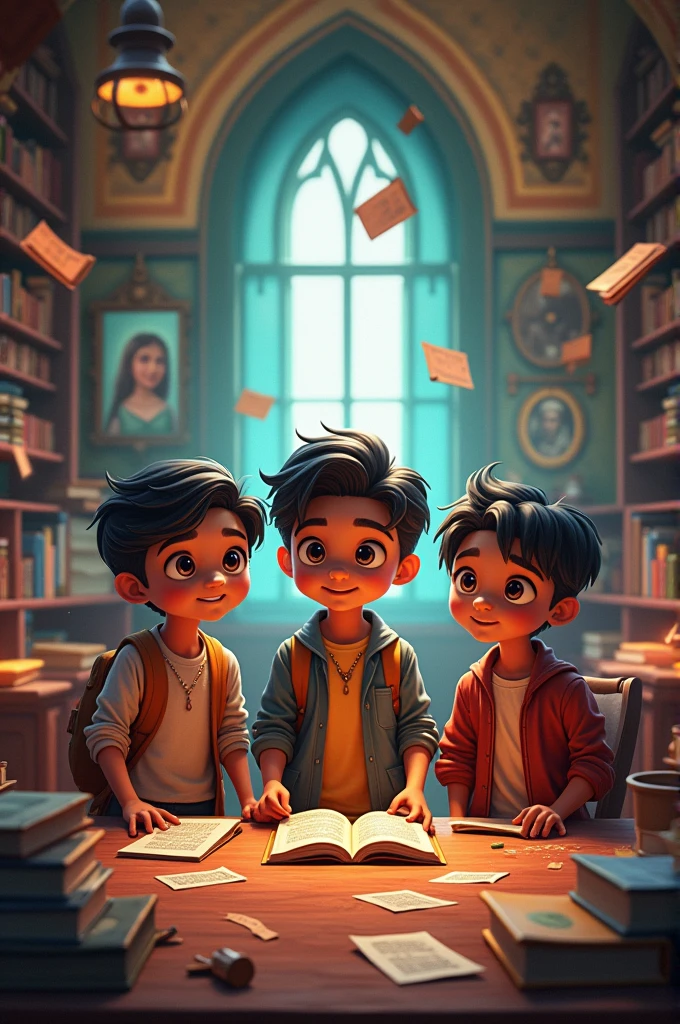 Ayush and his friends—Suman and Arav—attending classes in a vibrant, magical classroom filled with floating books, talking portraits, and spellcasting tools.