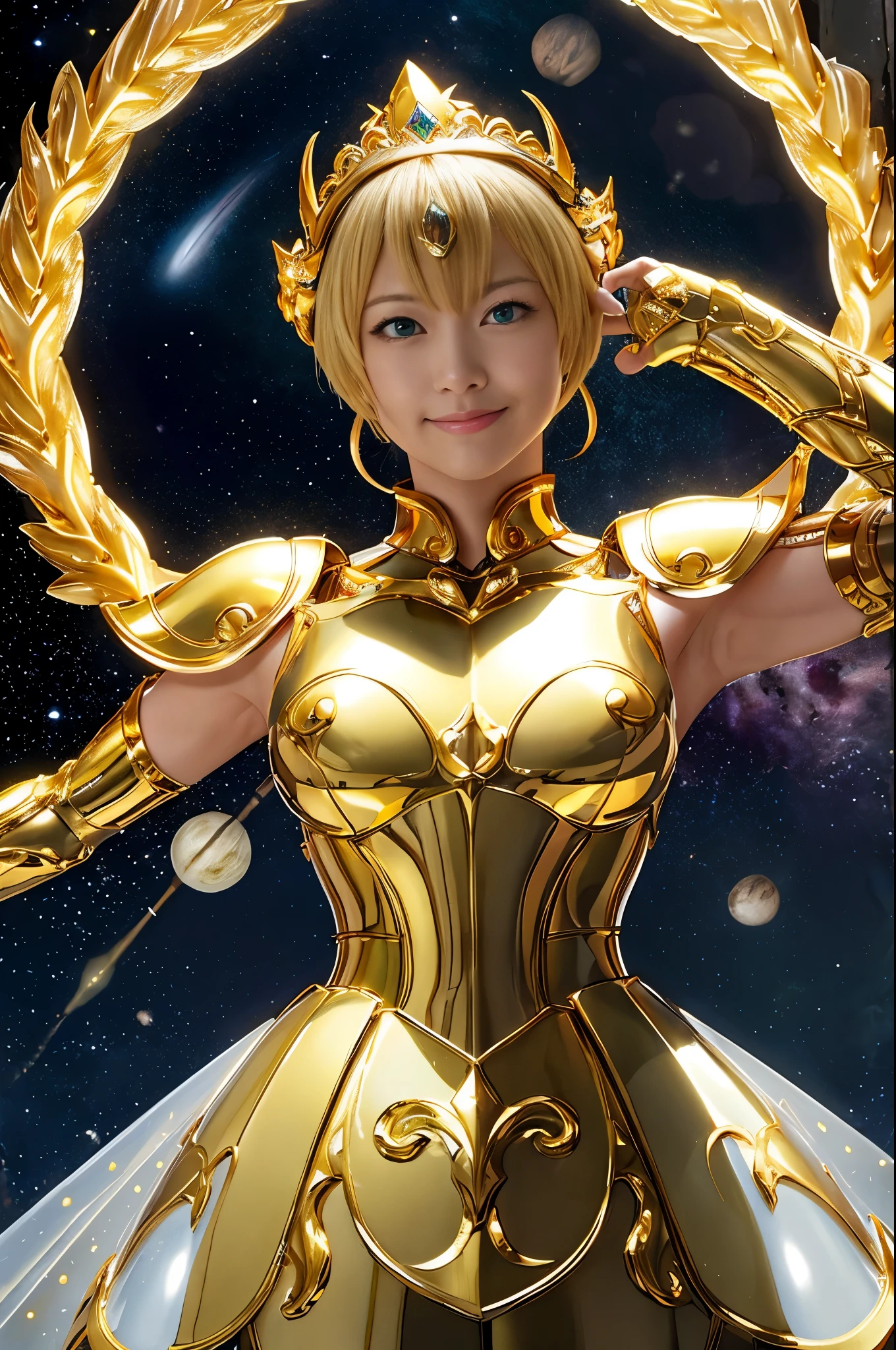 Highest quality, 8k, Super detailed, High resolution, Realistic skin texture, armor, (Realistically: 1.4), High resolution,Ultra HD、Ultra-clear、White and beautiful translucent skin、Beautiful and well-proportioned face、Cute smile、Saint Seiya of Libra、全身を黄金のarmorで覆う、黄金のarmorを纏った聖騎士、Golden Tiara、全身を派手な彫刻で覆う黄金のarmor、重厚感のある金色のarmor、Translucent beautiful green eyes、Blonde Short-Haired、Big Breasts、Outer space background、