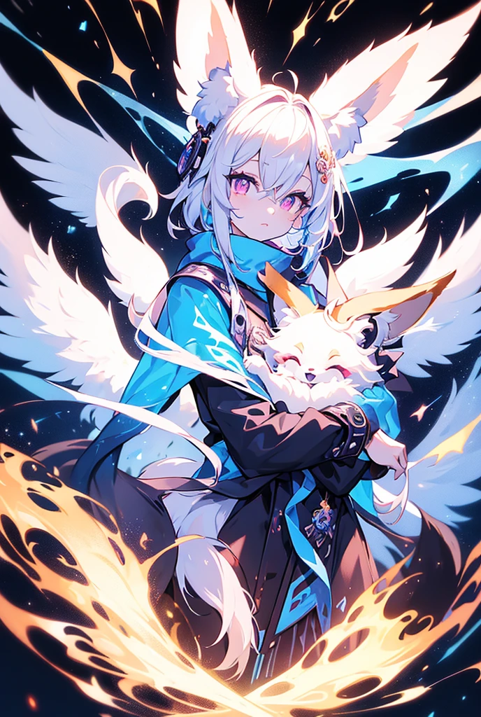 anthropomorphic animal furry fox fennec fox mixed with angel is Kitsune, adult female, the color of the fur is white and a little blue, the color of the eyes purple mixed with blue, hair color white purple blue, long hair, jojos style, a cute and beautiful appearance, ancient blue color kitsune tattoo, 9 tails, ángel wings, a shiny black scarf, a detailed shirt,