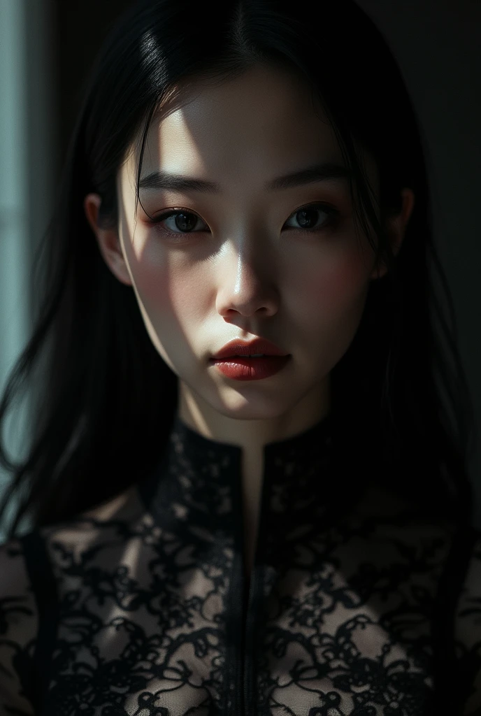“Mystic Shadows”
Pose: A close-up shot with the Asian Goddess’s face partially obscured by shadows, creating a mysterious, enigmatic look.
Makeup: Dark, smoky eyes with a touch of glitter and a deep, matte lip.
Hairstyle: Sleek, pulled-back hair with a glossy finish.
Outfit: A high-fashion, dark lace ensemble with intricate patterns.
Details: Capture the interplay of light and shadow, emphasizing the realistic textures and the dark, mystic vibe.