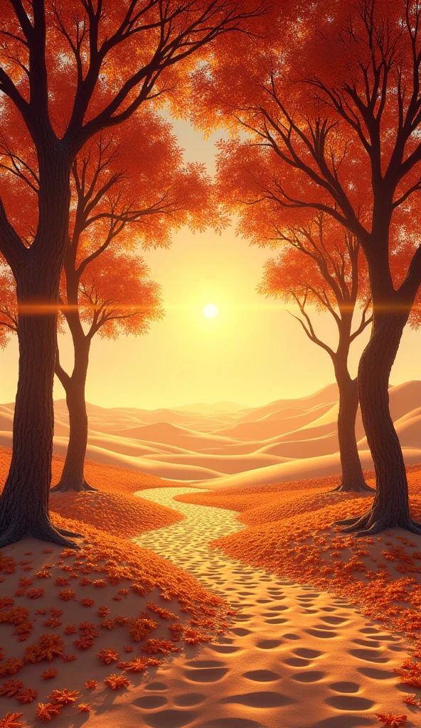 Desert Mirage: A vast, golden desert landscape with rolling sand dunes, a blazing sun hanging low on the horizon, and delicate, wind-swept patterns on the sand.Autumn Embrace: A vibrant fall scene with a carpet of colorful leaves in shades of red, orange, and gold, scattered across a winding path surrounded by towering, leaf-laden trees.