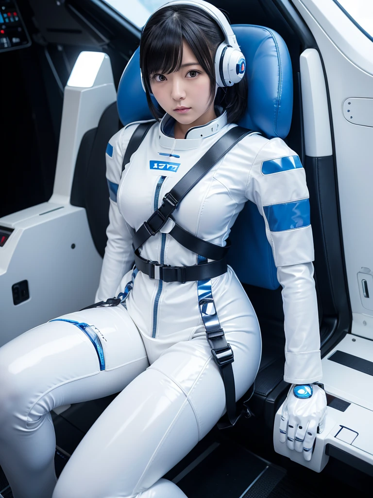 Japanese female android,White and blue shiny robot suit,Wide-legged squats,Black Hair,Space capsule,I was completely strapped to my seat in the cockpit with a thick harness and couldn&#39;t move.,