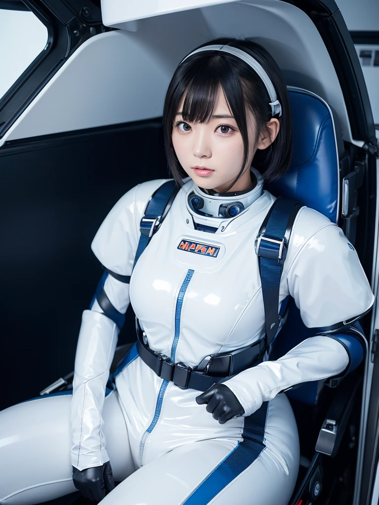 Japanese female android,White and blue shiny robot suit,Wide-legged squats,Black Hair,Space capsule,I was completely strapped to my seat in the cockpit with a thick harness and couldn't move.,