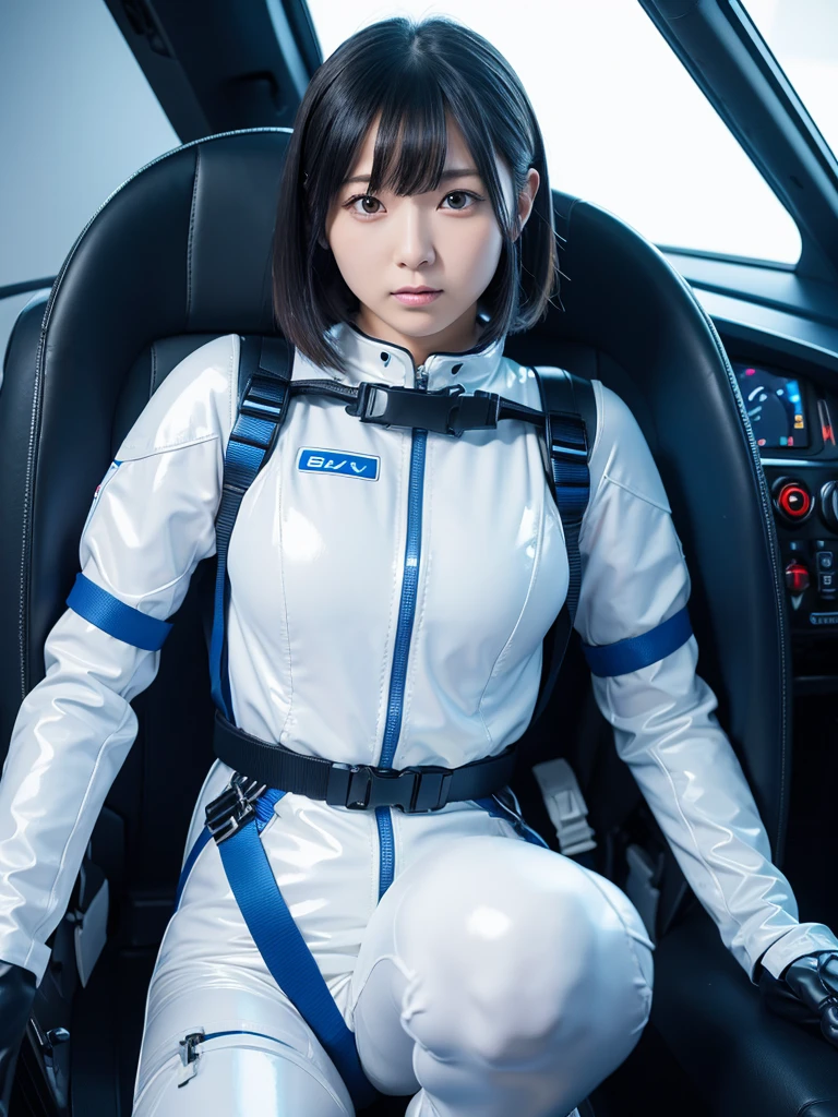 Japanese female android,White and blue shiny robot suit,Wide-legged squats,Black Hair,Space capsule,I was completely strapped to my seat in the cockpit with a thick harness and couldn&#39;t move.,