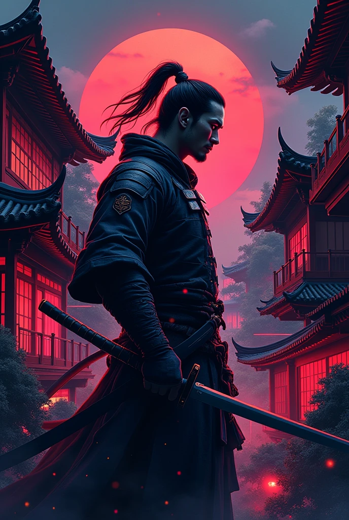 White background black extremely good quality t-shirt and a T-shirt has a picture of samurai with sword I'm in sword it samurai Holden katana and the katana and the sword I'm in the samurai is has the neon colors in the back of the samurai has like Chinese structured building something like this but does they all are on there and colors but the shirt is on black color and the back of the shirt and the picture that I had described it and the front you can add something and cool picture that can match with the back and also give me the pictures of front and backs and everything must be on there for quality and cool ASAP don't make a childish do your best and add AUREX emblem a little