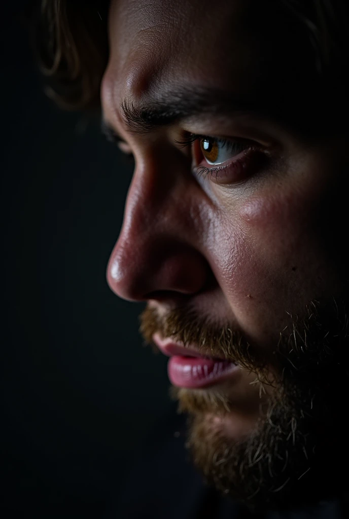 The image shows a close-up of a person's face, displaying a highly emotional expression. The lighting is dramatic, focusing on one side of the face and leaving the other side in shadow, which adds to the intensity of the image. The individual has a beard and appears to have tears in their eyes or is in a state of distress, and there is a certain granularity to the image that gives it a textured look. The photograph has a dark background, which contrasts with the highlighted areas of the face.