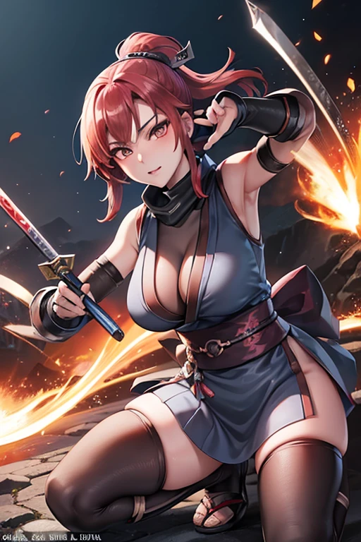 Highest quality,Ultra HD,Best AI Images, Full body photo,(Beautiful face like a Japanese actress), ((Red Hair 1.3)),Japan no Kunoichi, Covert behavior, Female Ninja, ((Dagger fight scene)),(Dagger fight scene1.3),portrait of japanese woman, , Trending on deviantart, ((Grey short ninja costume 1.5)),((Sexy Kunoichi,Big Breasts)), Japanese spy, Cel animation style, (Beautiful Face 1.5), Key Visual, Vibrant,(((Night Castle Background 1.5))), Very detailed, growing up,