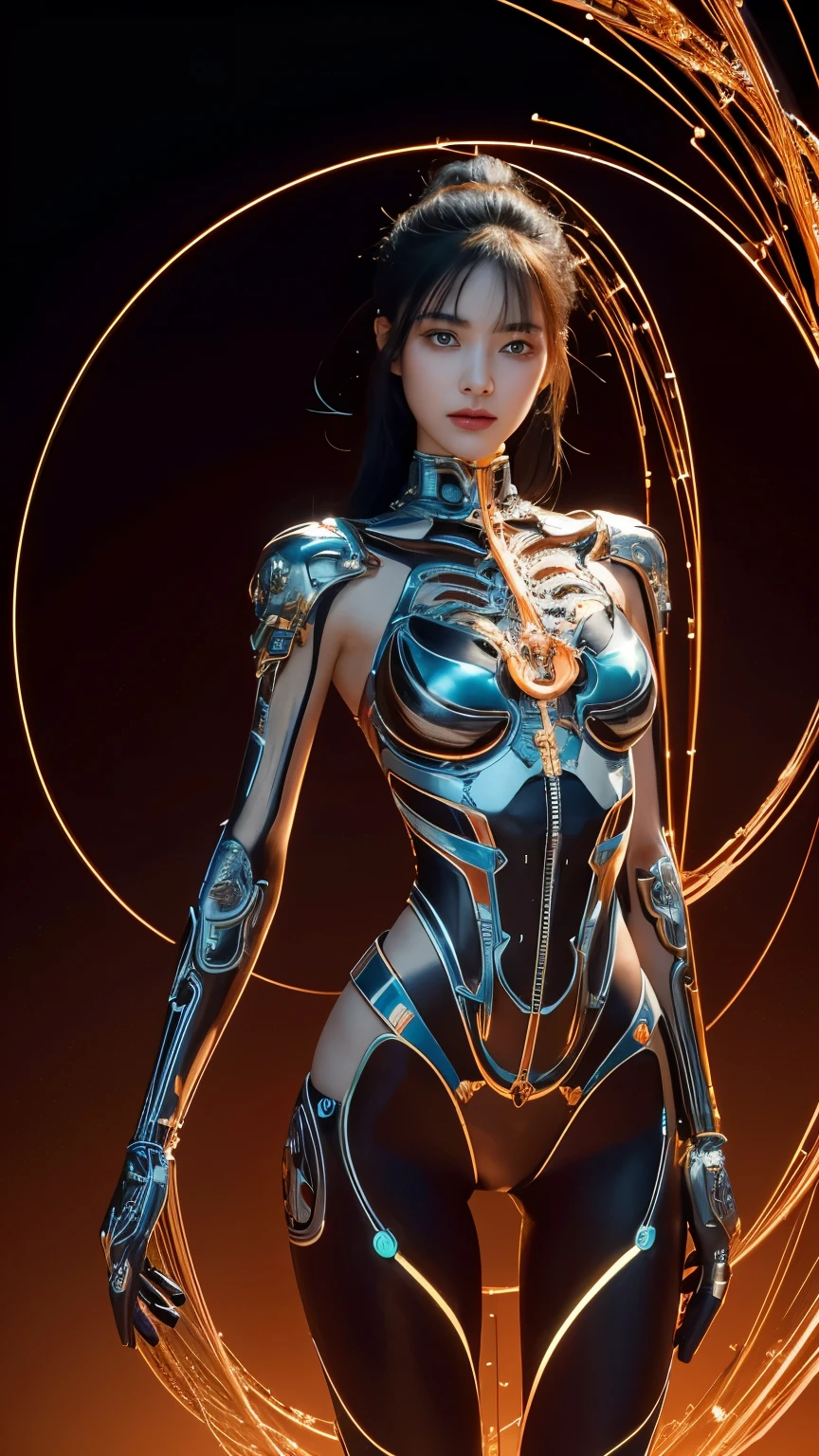 A portrait of a mechanical girl in stunning 8K resolution, meticulously detailed to the utmost realism. The scene is bathed in global illumination, casting intricate shadows that highlight the ornamental details of her metal form. Rendered with Octane rendering, the image boasts sharpness that reveals every intricate part of her construction. The color palette is cool and glowing, reminiscent of Egyptian artistry, with neon accents that add a futuristic flair. The mechanical girl's limbs and face are all machine, adorned with incredibly intricate details down to the smallest components. Her machine skin is a complex network of interconnected parts, including blood vessels merging seamlessly with tubes. She has machine hair and luminous mechanical vertebrae extending from her back, as well as a mechanical cervix attached to her neck, all emitting a soft glow. Standing amidst a sophisticated laboratory, she is connected to an intricate web of millions of wires and cables that link her head and body to various sophisticated equipment, creating a mesmerizing display of technological marvel. This composition is expected to trend highly on CGSociety for its exceptional realism and superlative attention to neon-lit and detailed mechanical elements.