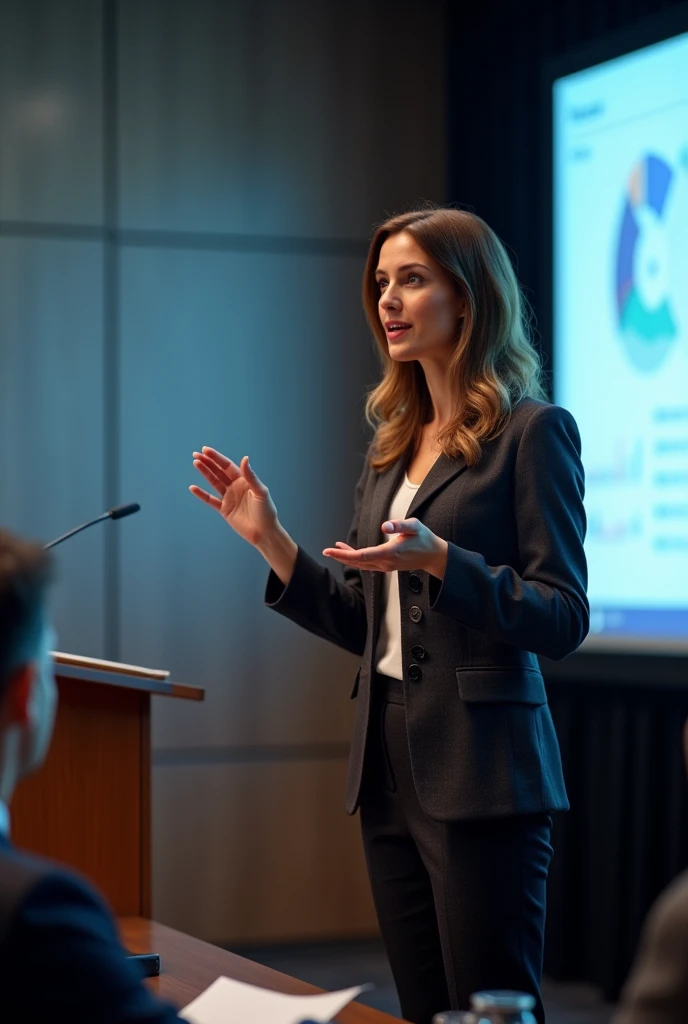 Woman presenting topic pointing at a slide giving a speech