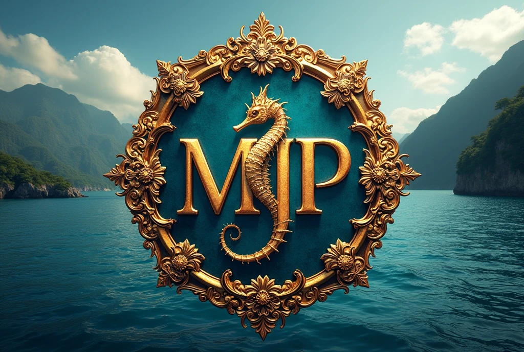 A logo design was created with the letters MJP in the center.。Japanese style、Seahorse Design. Japanese style、Japanese style、high quality, A luxurious image. In the center is a map of Japan、Malaysia map hidden、Ocean、Mountain、All designs come in ornate gold frames。Highest quality