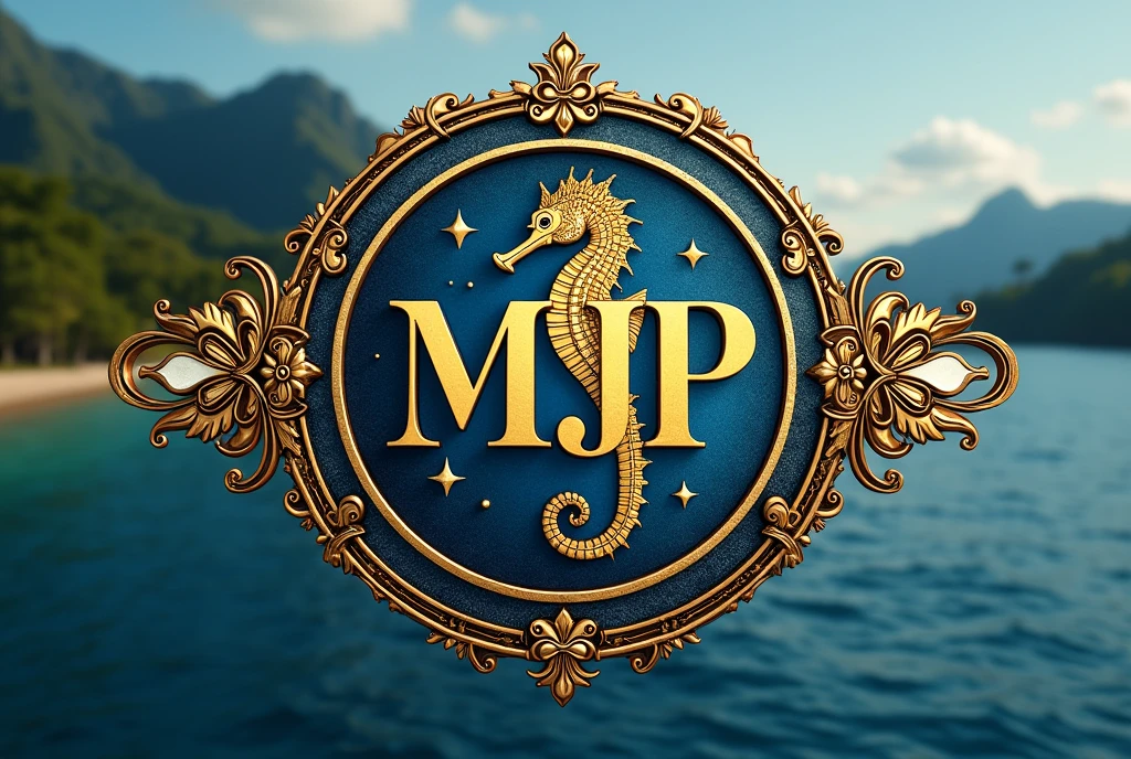 A logo design was created with the letters MJP in the center.。Japanese style、Seahorse Design. Japanese style、Japanese style、high quality, A luxurious image. In the center is a map of Japan、Malaysia map hidden、Ocean、Mountain、All designs come in ornate gold frames。Highest quality