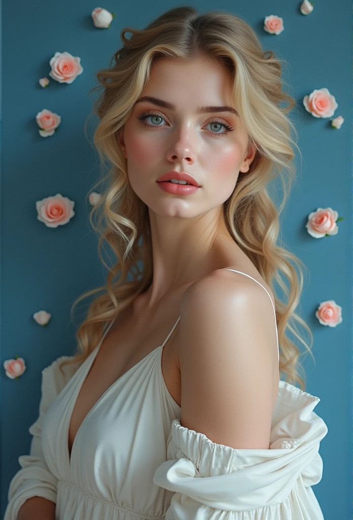 Drawing of a beautiful woman,Venus, Beauty , A queen of heaven, Beautiful Art, Beautiful painting, Beautifully depicted, Portrait of Venus, Greek art, Rose Country, Divine and beautiful, With blue background, Boregov, Gurvitz Masterpiece, Ideal Woman、Looking at the camera，Cool and confident