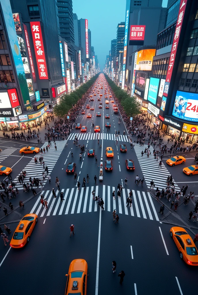Aerial view of Shibuya Scramble Crossing, people's cars passing by