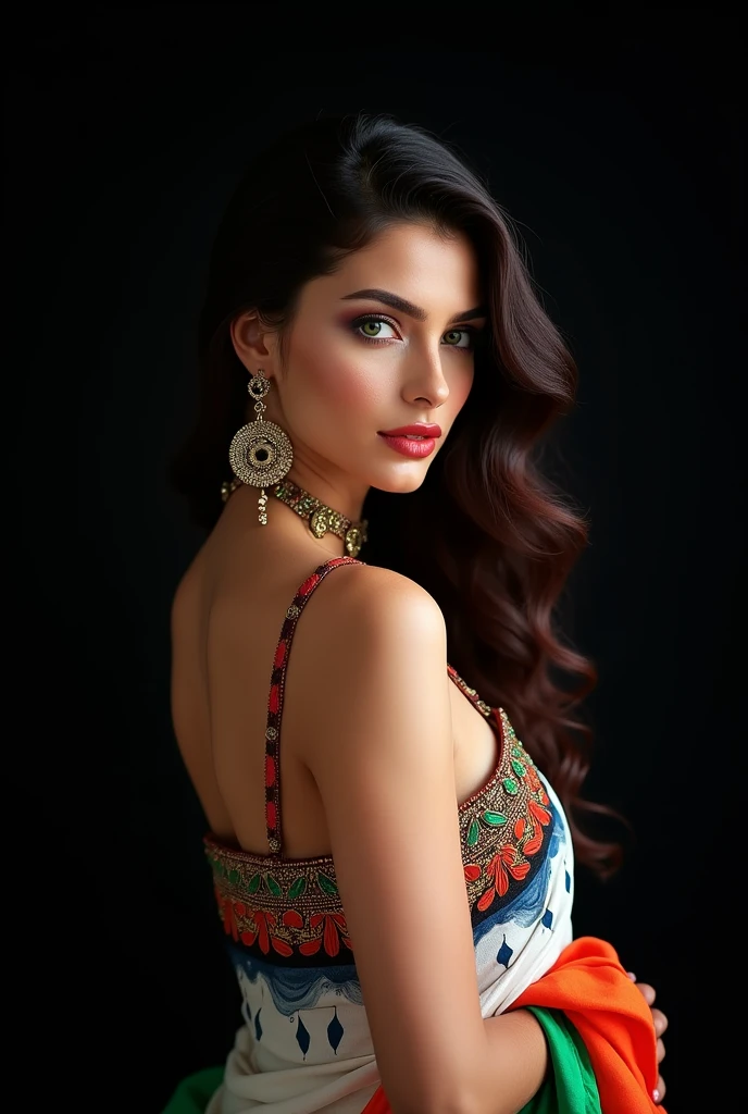 (((Ultra detailed, beautiful face, Megapixel))) Capture a striking and visually captivating photo realistic image featuring a female model whose features and attire are inspired by the colors and symbolism of the indian flag. The model possesses captivating (emerald green) eyes that reflect the vibrant energy and passion associated with india. Her (dark crimson) hair falls in cascading curls, representing the lushness and diversity of the indian landscape. She wears a stunning ensemble that combines elements of traditional indian fashion with modern flair. The dress features vibrant fabrics in shades of (white), (leafy red), and (deep blue), representing the colors of the indian flag. Intricate beading and embroidery add intricate details to the dress, showcasing india's rich cultural heritage. Against a blank black background, the model exudes an air of vibrant sensuality, capturing the essence of indian warmth and beauty. With your camera, a high-resolution mirrorless camera paired with a prime lens, you will capture the vivacious spirit and captivating allure inspired by the indian flag, seductive, uncropped, 35mm, thigh high, cleavage, detaled face, attractive figure.