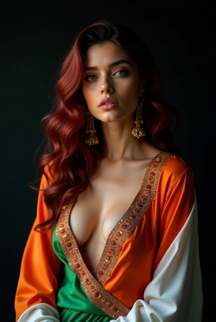 (((Ultra detailed, beautiful face, Megapixel))) Capture a striking and visually captivating photo realistic image featuring a female model whose features and attire are inspired by the colors and symbolism of the indian flag. The model possesses captivating (emerald green) eyes that reflect the vibrant energy and passion associated with india. Her (dark crimson) hair falls in cascading curls, representing the lushness and diversity of the indian landscape. She wears a stunning ensemble that combines elements of traditional indian fashion with modern flair. The dress features vibrant fabrics in shades of (white), (leafy red), and (deep blue), representing the colors of the indian flag. Intricate beading and embroidery add intricate details to the dress, showcasing india's rich cultural heritage. Against a blank black background, the model exudes an air of vibrant sensuality, capturing the essence of indian warmth and beauty. With your camera, a high-resolution mirrorless camera paired with a prime lens, you will capture the vivacious spirit and captivating allure inspired by the indian flag, seductive, uncropped, 35mm, thigh high, cleavage, detaled face, attractive figure.