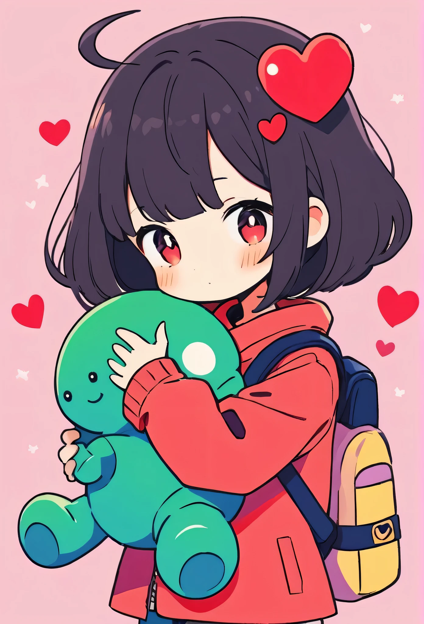 Momoko Sakura colorful style, Simple Line Initialism，Abstract art，Kawaii Design, The most beautiful girl of all time、chibi, (((Hug Cute humanoid alien))), (((Cute humanoid aliens))), colorful hearts, summer version,