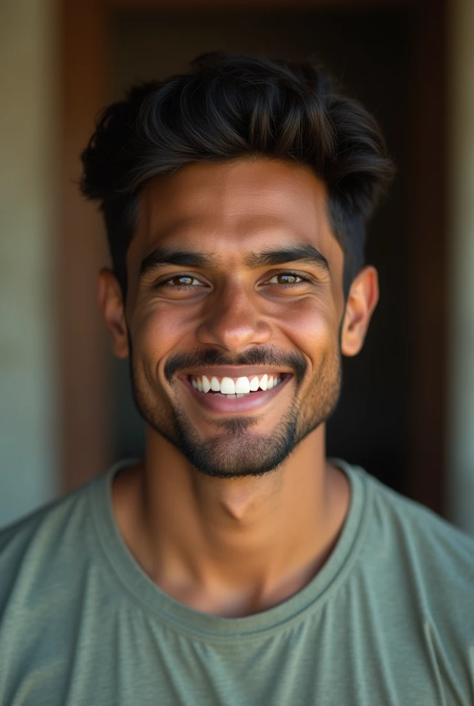 Indian young man smiling, teeth, tshirt, straight, looking in front, cinematic, perfect lighting, 4k, 8k, 32k, hdr