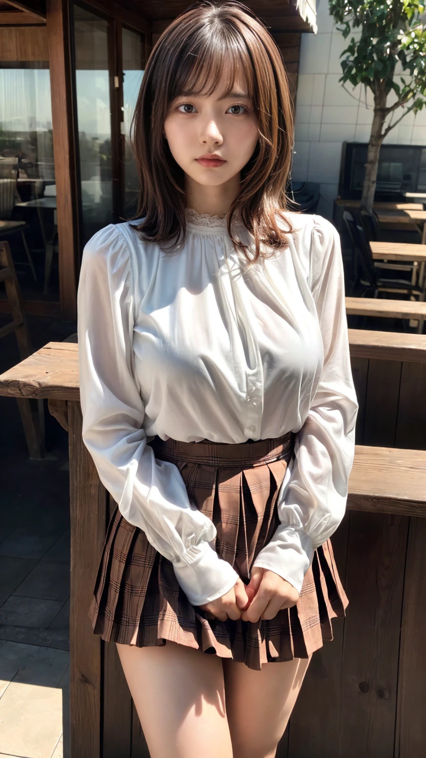 ((Wavy Shorthair))、Long bangs、Cafe Background、(tmasterpiece、top-quality、in 8K、32K、​masterpiece、nffsw、ultra gigantic tits、超A high resolution、Impresionismo、Photorealsitic:1.2)、cowboy  shot、foco nítido、Beautiful face with detailed face and eyelid background、blue open sky、shinny skin、Sharp pupils、Realistic eyes and beautiful face、blurry backround、1 beautiful girl、shinny skin、(((beautiful brown hair)))、Black eyes、(((White blouse with long sleeves)))、(((plaid pleated skirt)))、(Knee-length skirt、I see a very small white scanti:1.45)、thighs thighs thighs thighs、Curve、Dynamic Poses、Powerful composition、((Melancholy look))、((A look of contempt))、((Glaring at the viewer))、Sweating、((Brown hair))、Lace panties、((Sauce order))、(small mouth)、skirt rift、((Grabbing the skirt))、Panties with sexy design