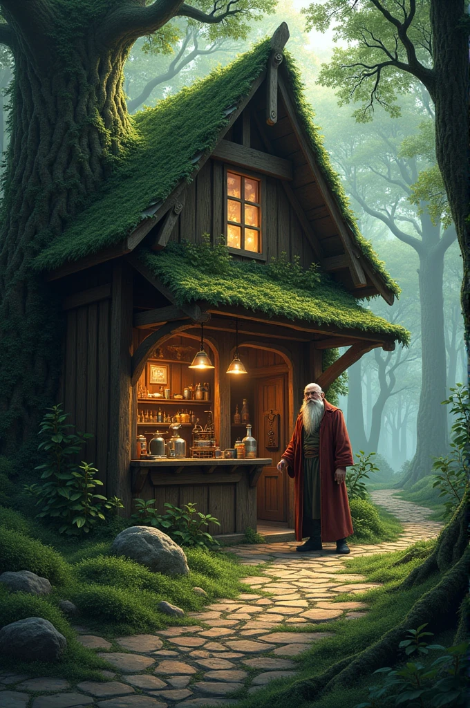 medieval coffee shop alone in the woods
